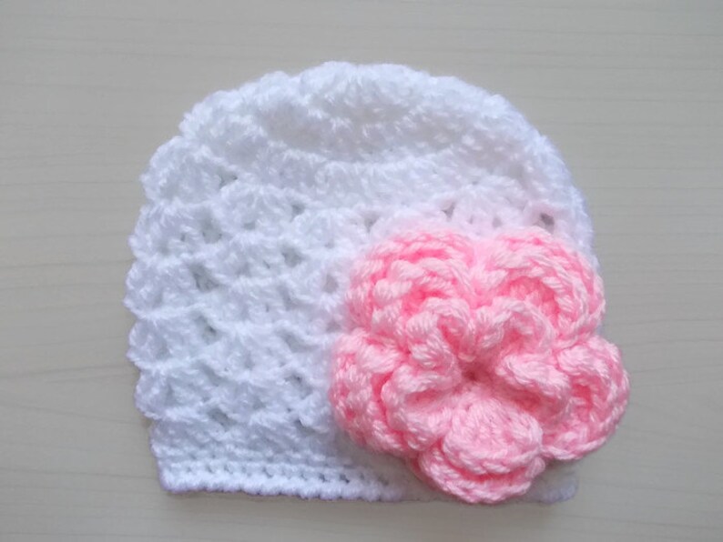 Crochet White Baby Girl Hat with Pink Flower Newborn Photo Prop Handmade Crochet Baby Hat White with Pink Flower image 1