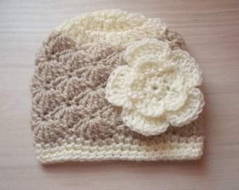 Crochet Baby Girl Hat in Beige and Cream with Adorable Cream Flower - Handmade Baby Girl Beanie - Baby Girl Shower Gift