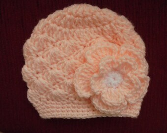 Peach Baby Girl Hat with Elegant Floral Detail - Handcrafted Crochet Baby Girl Hat in Peach with Flower