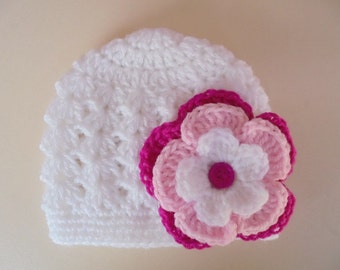 Handmade Crochet Baby Hat: White Beauty with a Flower - Crochet White Baby Girl Hat with Flower