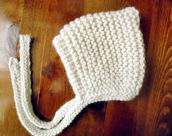 Handcrafted Cream Knit Wool Baby Pixie Bonnet - Cream Knit Pixie Hat for Babies
