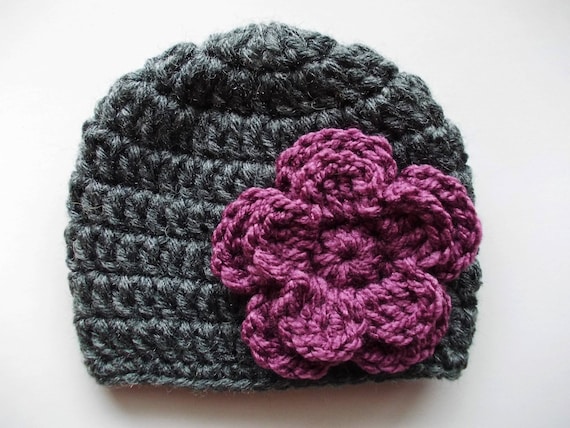 Charcoal Wool Crochet Baby Girl Hat With Hand-crocheted 