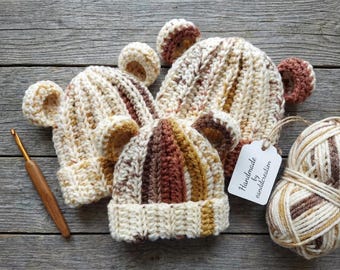 Newborn To Adult Crochet Bear Hat Pattern - 8 Sizes Bear Hat PDF Pattern - Bear Beanie Crochet Pattern - Easy Ribbed Bear Hat Pattern