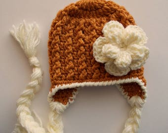 Handcrafted Crochet Mustard Earflap Baby Girl Hat with Cream Floral Accent - Mustard Baby Girl Hat with Cream Flower