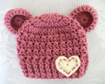 Bear Ears Baby Girl Hat - Crochet in Mauve with Cream Heart Accent - Baby Girl Bear Hat- Crochet Baby Girl Hat