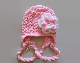 Handcrafted Crochet Wool Earflap Baby Girl Hat in Pink with Delicate Flower - Pink Baby Girl Earflap Hat with Floral Detail