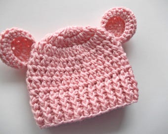 Crochet Baby Girl Bear Hat in Sweet Pink - Handmade Baby Beanie: Pink Crochet Bear Hat for Girls