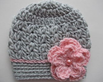 Gray Crochet Baby Hat with Pink Floral Accent - Handmade Newborn to Toddler Beanie - Gray and Pink Baby Girl Hat