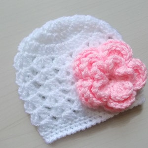 Crochet White Baby Girl Hat with Pink Flower Newborn Photo Prop Handmade Crochet Baby Hat White with Pink Flower image 2