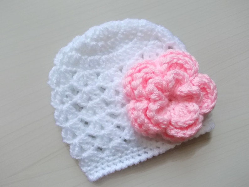 Crochet White Baby Girl Hat with Pink Flower Newborn Photo Prop Handmade Crochet Baby Hat White with Pink Flower image 2