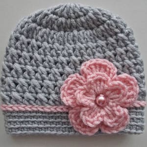 Gray Crochet Baby Girl Hat with Pink Flower Accent - Newborn to 10 Years Sizes Available - Handmade Infant Beanie - Newborn Girl Hat