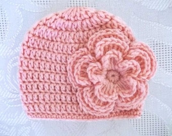 Elegant Crochet Pink Baby Girl Hat with Pink Flower - Handcrafted Pink Baby Girl Hat - Baby Girl Beanie with a Pink Flower