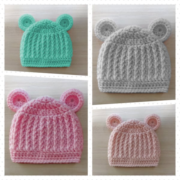 Crochet Bear Hat Pattern - Newborn to Adult Sizes - Bear Beanie Pattern - Easy Bear Hat Crochet Pattern - Crochet Hat PDF Pattern - 8 Sizes