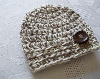 Crochet Wool Baby Boy Hat in Cream and Brown with Wooden Button - Handmade Baby Beanie: Cream and Brown Crochet Wool Hat with Wooden Accent