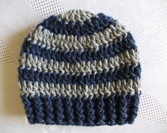 Gray and Dark Blue Baby Boy Beanie - Handmade Crochet Baby Hat in Gray and Dark Blue