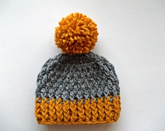 Gray and Mustard Crochet Baby Hat with Pom Pom - Handcrafted Crochet Wool Baby Boy Hat in Gray and Mustard with Pom Pom