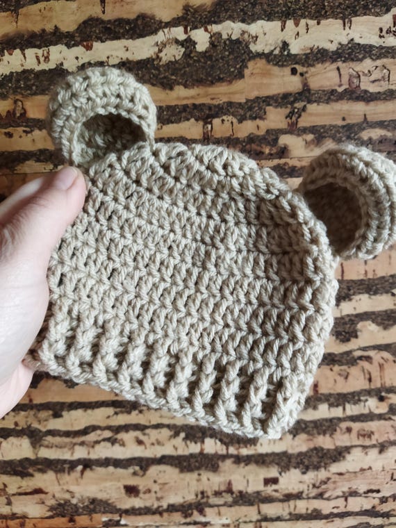 Chapeau Bébé Ours En Peluche Au Crochet - 0-3 Mois, Gris/blanc/rose, Acrylique, Fait Main