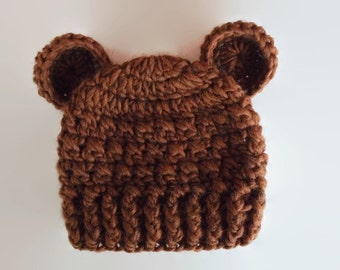 Crochet Wool Bear Hat in Cozy Brown - Brown Bear Hat: Crochet Wool Baby Beanie for Winter Warmth