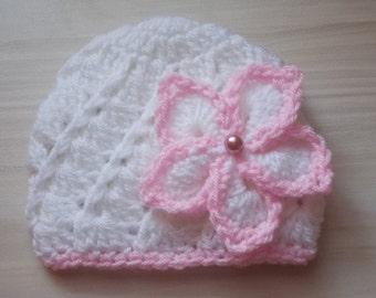 Handcrafted Crochet Baby Girl Hat in White and Pink with Pearl-Centered Flower - Newborn Photo Prop