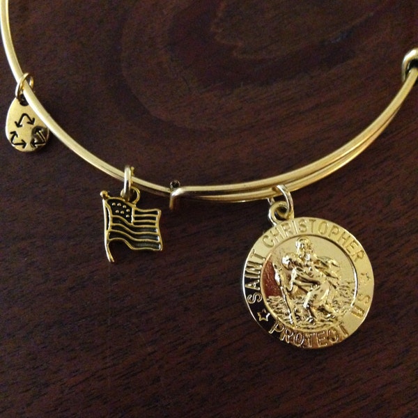 SAINT CHRISTOPHER gold alloy adjustable wire wrap bracelet with FREE shipping