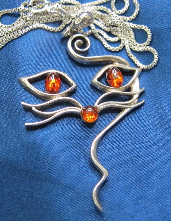 Sterling and Amber Cat Face Pendant Necklace 20 I… - image 3