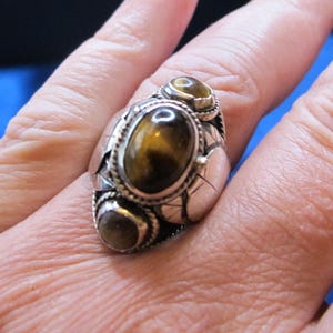Mexico Sterling and Tiger&#39;s Eye Poison Ring 6.8 Grams Size 8