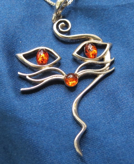 Sterling and Amber Cat Face Pendant Necklace 20 I… - image 1