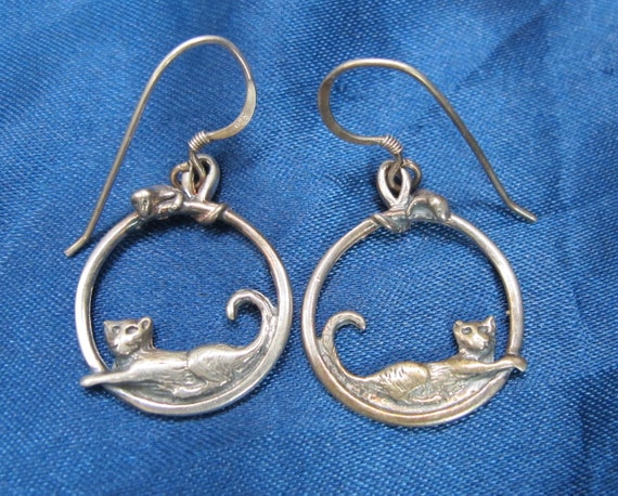 Sterling Playful Cat and Mouse Earrings Adorable … - image 4