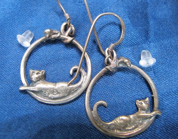Sterling Playful Cat and Mouse Earrings Adorable … - image 3