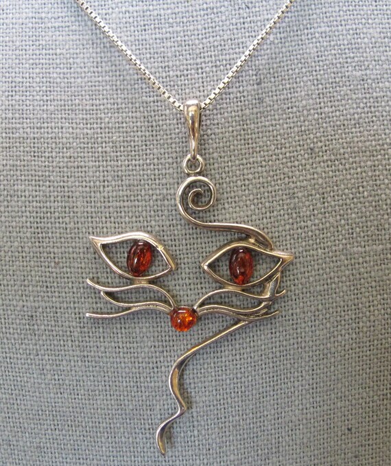 Sterling and Amber Cat Face Pendant Necklace 20 I… - image 4