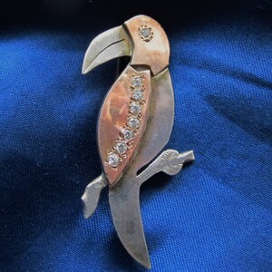 Toucan Parrot Brooch Sterling Copper and Rhinestones 10.2 Grams