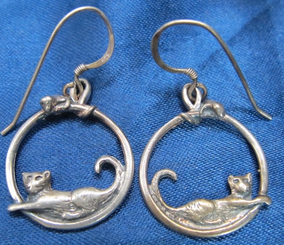 Sterling Playful Cat and Mouse Earrings Adorable … - image 1