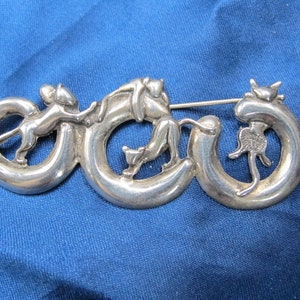 D&#39;Molina Playful Cats Sterling Brooch Taxco Mexico 17.2 Grams