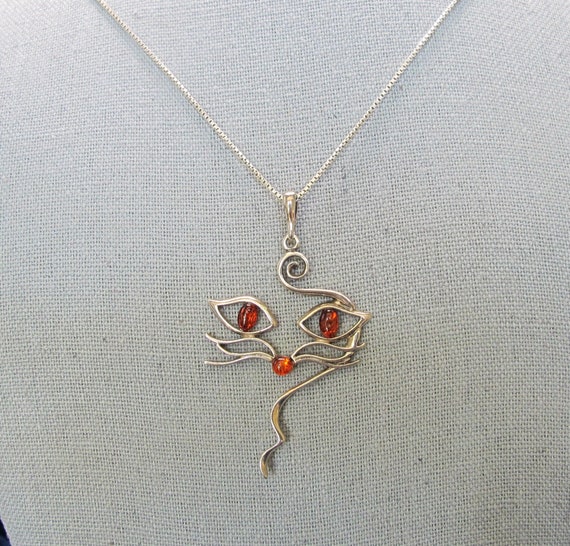 Sterling and Amber Cat Face Pendant Necklace 20 I… - image 5
