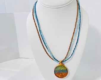 Kenneth Cole Vintage Beaded Necklace with Enamel Pendant 3-Strand Turquoise Blue & Bronze Seed Bead Necklace Boho Chic Jewelry Gift