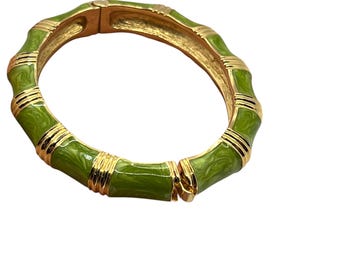 Vintage Kenneth Jay Lane KJL Green Enamel Bamboo Bangle Bracelet, Gold Tone Hinged Clamper Bracelet, Retro Designer Statement Jewelry