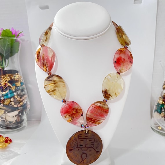 Oval Flat Bead Spring Necklace Statement Jewelry - image 4