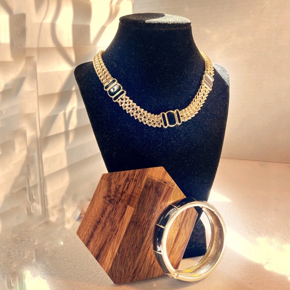 Goldtone Black Enameled Collar Necklace and Hinge… - image 1