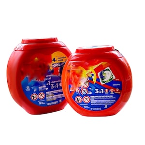 May include: Two red, oval-shaped containers of laundry detergent pods. The containers have blue and white labels with product information and warnings. One container has 76 pods, the other has 42 pods. The pods are 3-in-1.