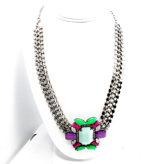 Statement Geometric Bib Necklace Bold Heavy Rhine… - image 1