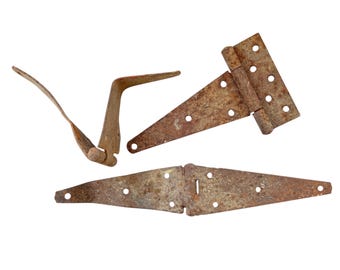 Antique Strap Hinges for Assemblage, Rusty Barn Door Hardware, Industrial Grunge Craft Supplies, Vintage Metal Elements, Set of 3