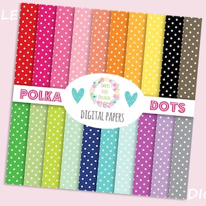 Può includere: Un set di 20 carte digitali con motivi a pois in vari colori, tra cui rosso, verde, giallo, blu e viola. Le carte sono etichettate "Polka Dots" e "Digital Papers".