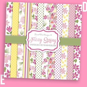Può includere: Un set di 12 carte digitali con motivi floreali in tonalità di rosa, giallo e verde. Le carte misurano 28,5 x 29,7 cm e sono ad alta risoluzione. Il testo "Sweet Brie Design" e "Fizzy Spring" è incluso nell'immagine.