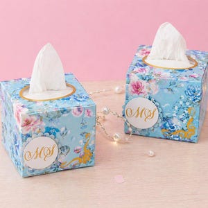 May include: Two square tissue boxes with a floral design in shades of blue, pink, and gold. Each box has a white tissue emerging from the top and a circular label with the initials "MS". A string of pearls and a pink background complete the scene.