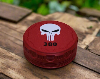 3D Printed .380 Ammo Case with Punisher Skull- Compact Storage for .380 ACP Rounds - Secure & Portable Ammo Box"
