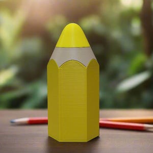 May include: A yellow pencil-shaped container with a white eraser top. The container is sitting on a wooden surface.
