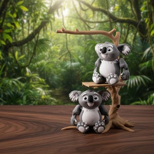May include: Two gray and white koala bear figurines on a wooden stand, set against a lush green jungle backdrop. The koalas have black eyes and are perched on a tree-like structure. The wooden surface adds a natural touch.