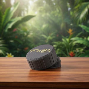 May include: Two dark gray bottle stoppers with the text "77 WSM" in gold lettering. The stoppers are on a wooden surface with a blurred background of tropical plants and flowers.