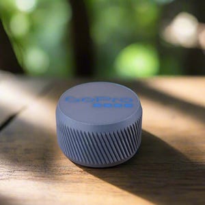 Pu&ograve; includere: Un altoparlante grigio cilindrico con la scritta "GoPro 360" stampata sulla parte superiore. L'altoparlante &egrave; appoggiato su una superficie di legno.