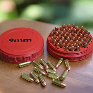 May include: A red container with the text "9mm" on the lid, holding numerous brass-colored bullets. Several loose bullets are scattered nearby. The container is open, revealing the bullets inside.